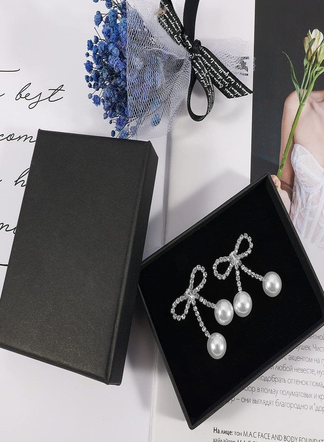 PLwelth Rhinestone Bow Earrings for Women Cute Pearl Drop Dangle Earrings Sparkle Sliver Tassel Earring Bow Statement Earring for Wedding Bridal Prom Birthday Christmas Gifts Stocking Stuffers - Image 2